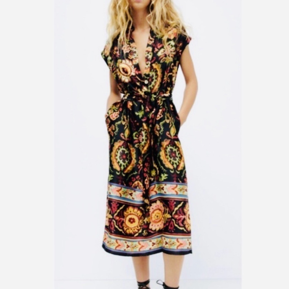 Zara Gold and Red Midi Sundress with Plunge Neckline